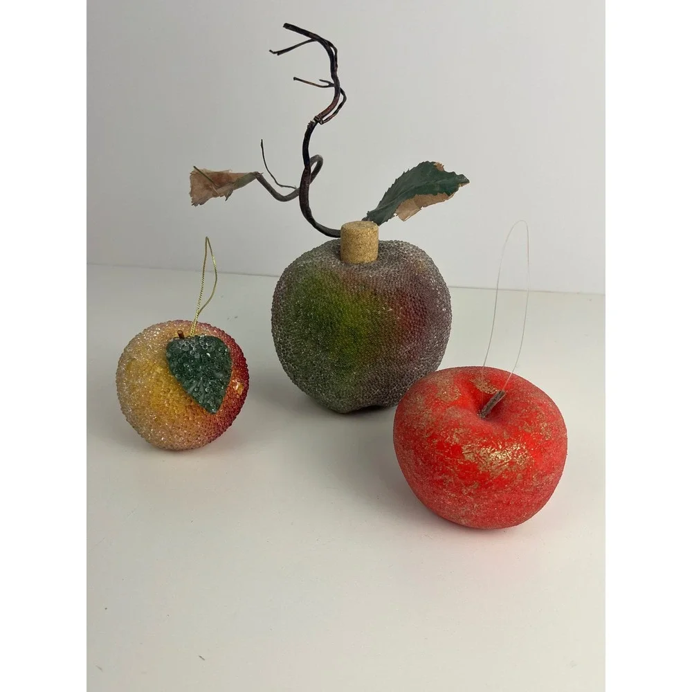 Set of 3 Vintage‎ Sugar Beaded Apples Glittered Red Green Yellow Home Decor